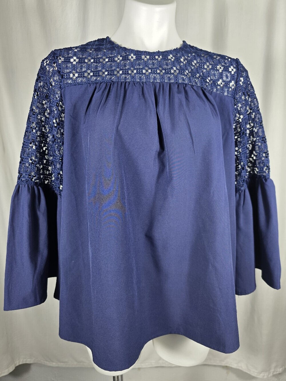 NWT Boutique Navy Blue Crochet Lace Bell Sleeve Blouse | Size L Boho Cottagecore - Picture 6 of 12